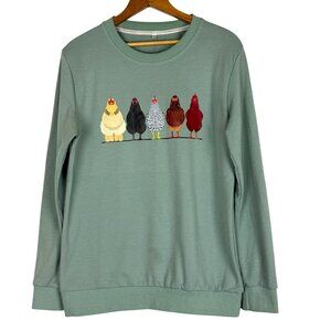 Chicken Graphic Sweatshirt Women’s Medium Farm Hen Crewneck Pullover Sage Green